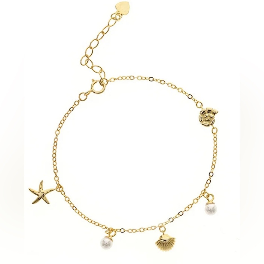 18k Gold Plated 925 Sterling Silver Beachy Freshwater Pearl Charm Bracelet